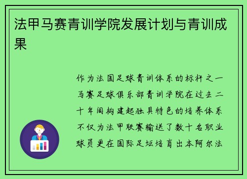 法甲马赛青训学院发展计划与青训成果